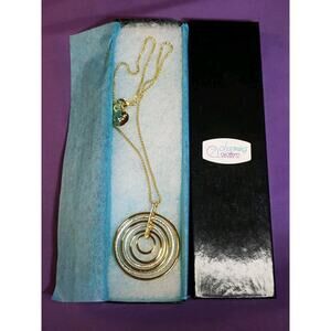 Two Tone Concentric Circles Pendant Chain Necklace Rhinestone Silver & Gold Tone